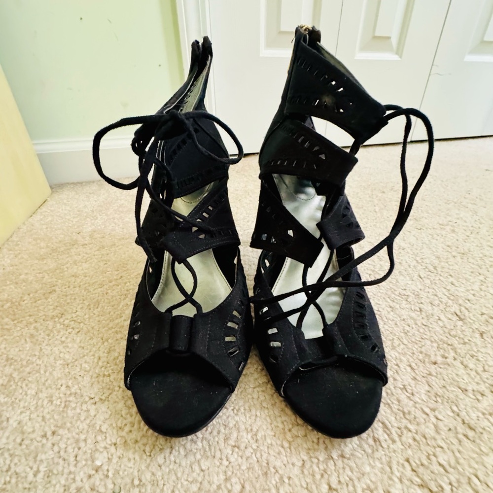 Black Stiletto Heels with Strappy Design